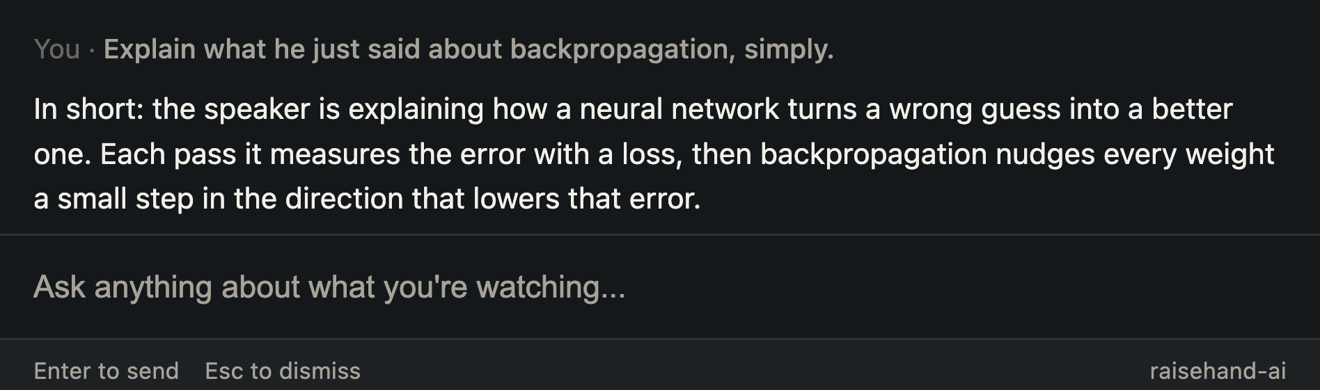 The raisehand ask modal showing a question and a streamed AI answer