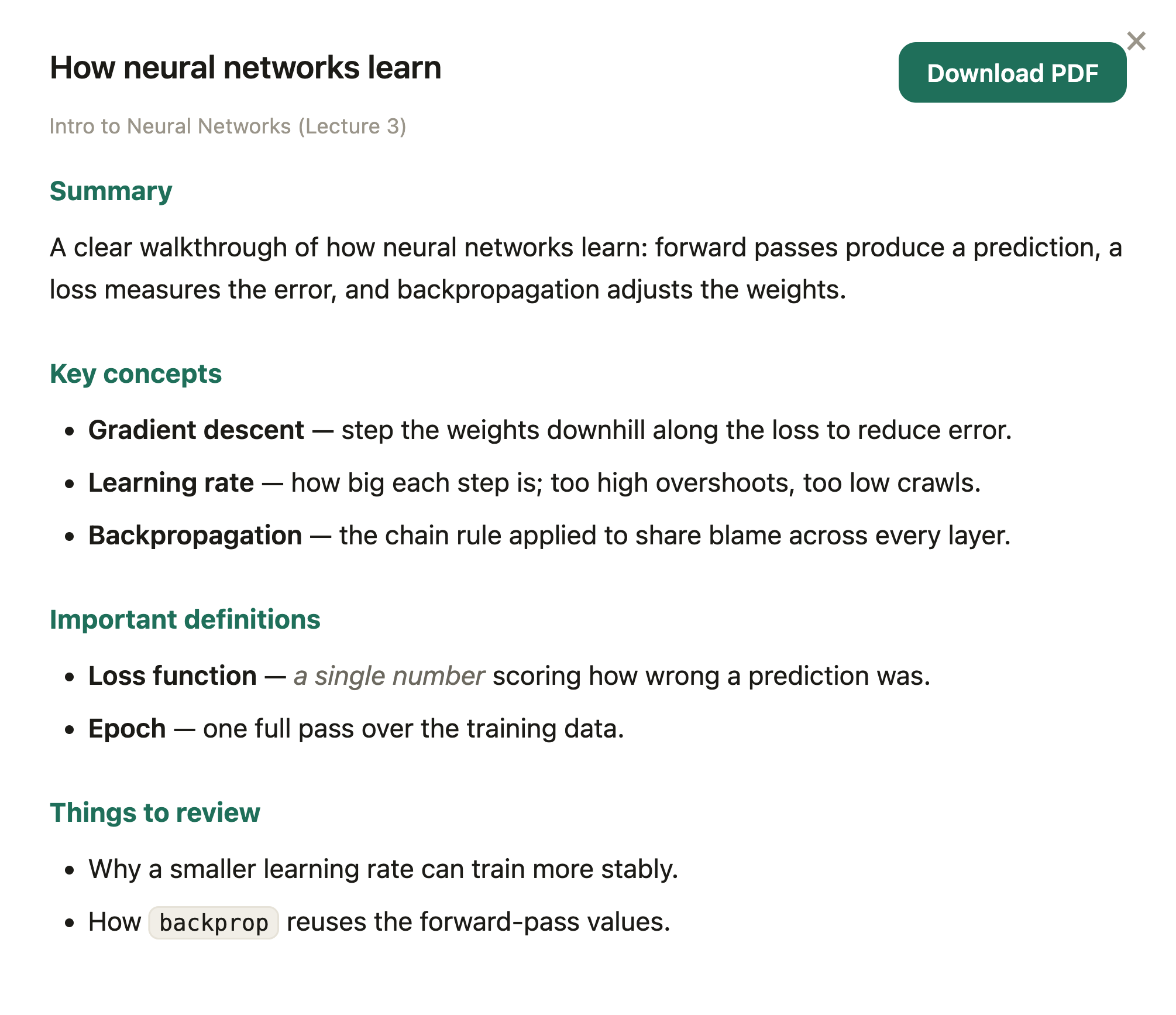 A generated study-guide of session notes