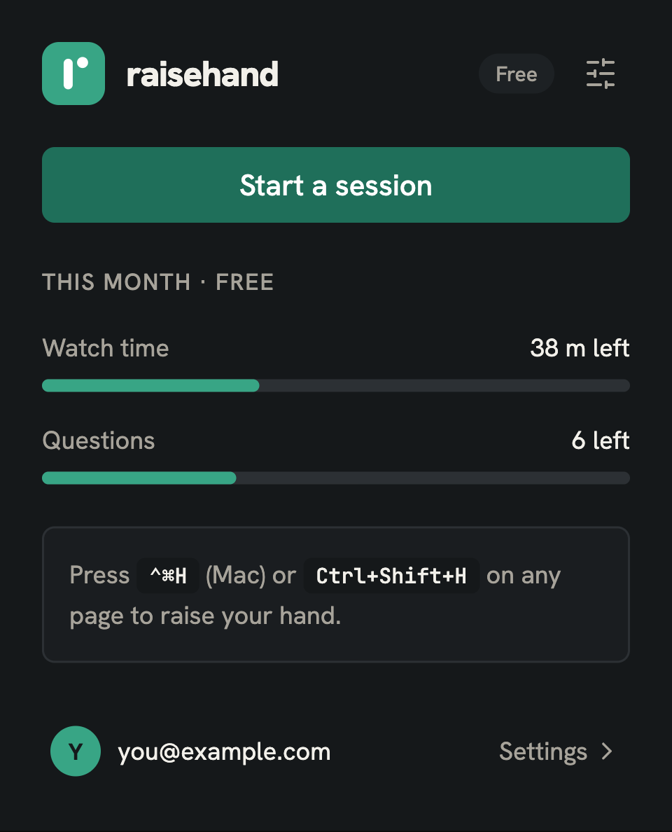 The raisehand toolbar popup on the free plan