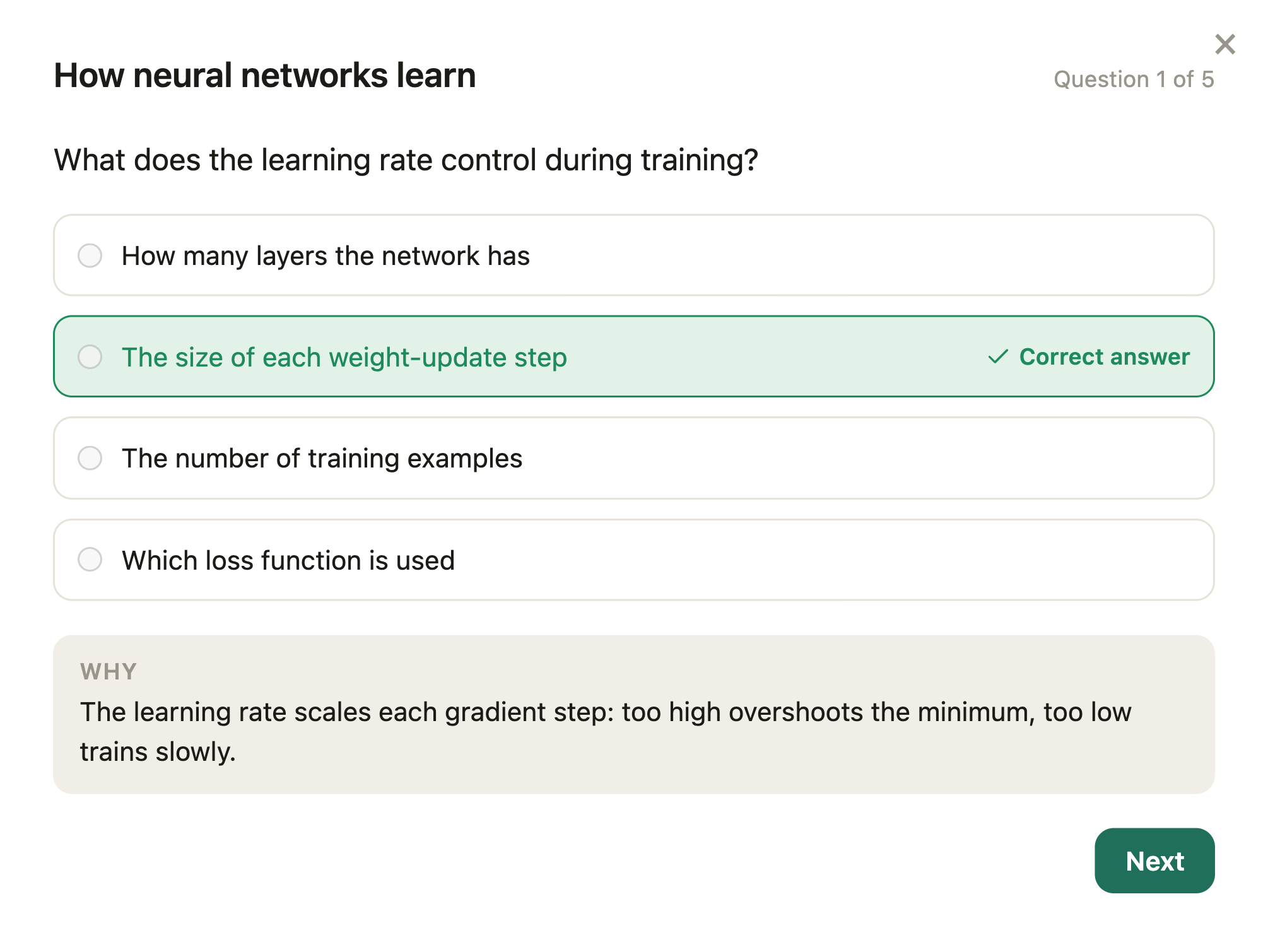 A multiple-choice quiz generated from the session